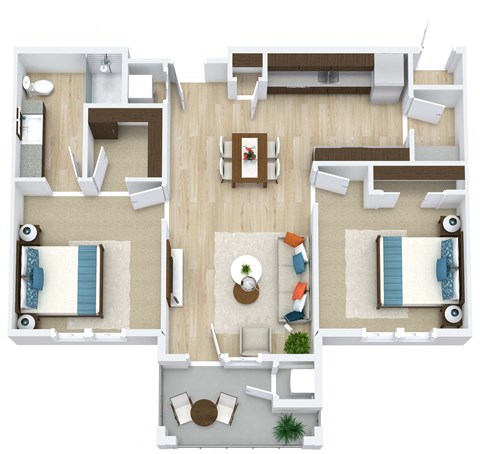 Floor plan for 2 beds, 1 bath, 989 sqft